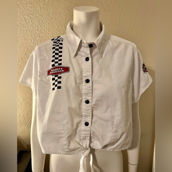 Harley Davidson Women’s White Crop Top Button Up Collar & Tied Bottom size XL - Picture 1 of 6